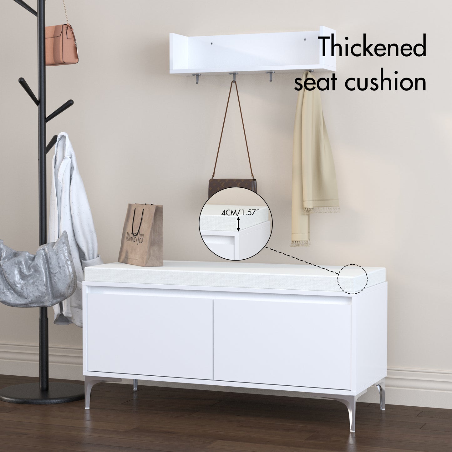 Wall-Mounted Entryway Shelf With Hooks And Storage Bench Set, Modern White Shoe Cabinet With Cushion And Closed Storage For Hallway, Bedroom, Or Mudroom
