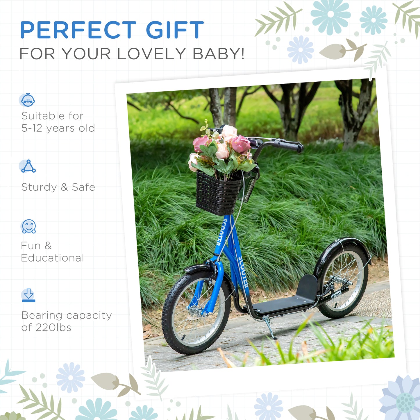 Youth Scooter, Kick Scooter With Adjustable Handlebars, Double Brakes, 16" Inflatable Rubber Tires, Basket, Cupholder, Blue