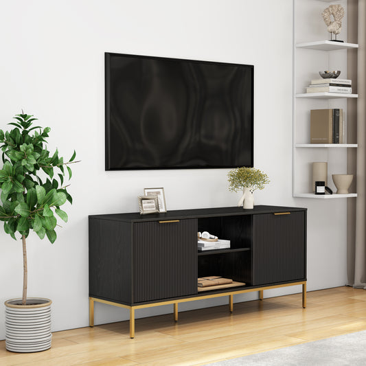 Modern TV Stand With Wave-Design Doors,Golden Legs And Handles ,Soft-Close Hinges,Open Shelf & Adjustable Shelf - Stylish And Functional For Your Living Room,Easy Assemble,Black Gold