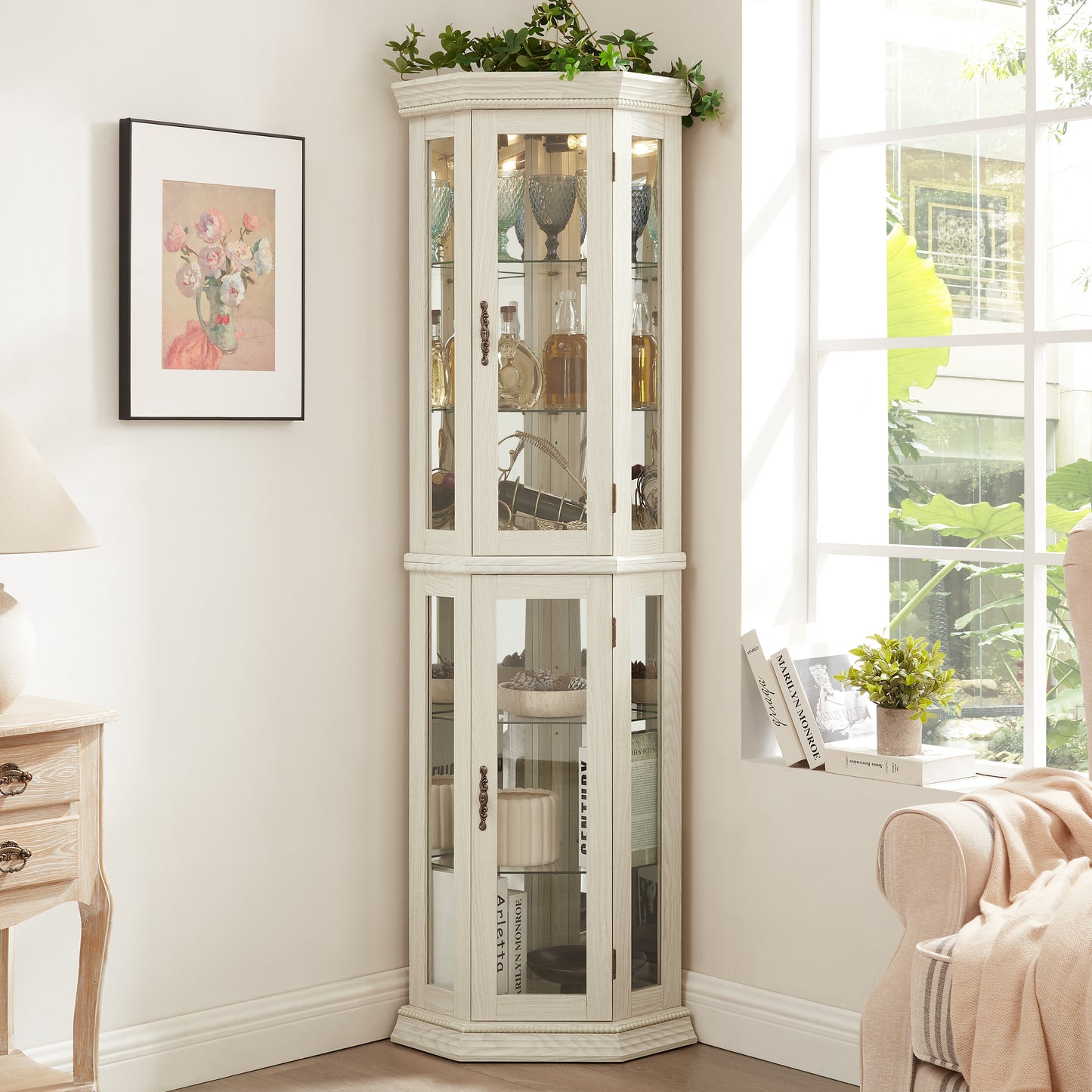 Lighted Corner Curio Cabinet - Glass Display Shelf With Tempered Glass Doors, Adjustable Shelving, And Included Bead Bulb - Ideal Bar Cabinet For Home Decor- WHITE