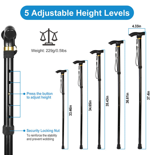 1Pc Walking Cane Aluminum Alloy Walking Stick Adjustable Folding Travel Hiking Stick Antislip