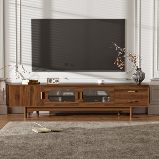 78inch TV Stand For TVs Up To 85, Modern TV Cabinet With Fluted Glass Doors  2 Drawers, For Living Room, Entertainment Center With Cable Management, Solid Wood Legs