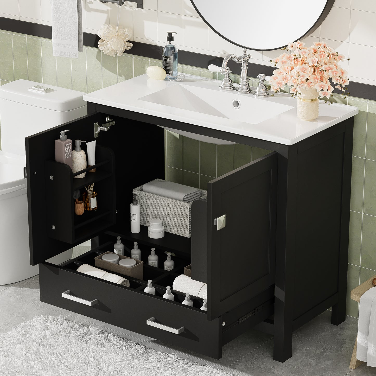 36  Black Bathroom Vanity With Ceramic Sink, Soft-Close Doors, Double Storage Shelves & Divided Drawer  Modern Bathroom Cabinet With Ample Storage