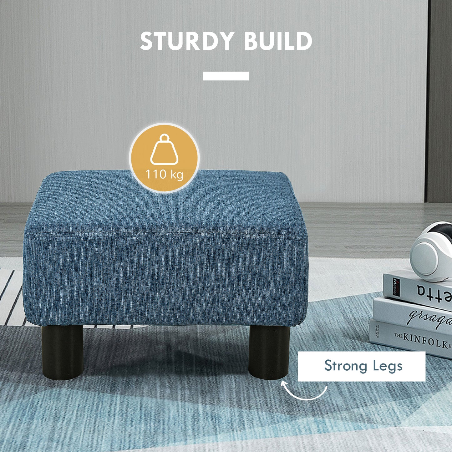 Ottoman Foot Rest, Small Foot Stool With Linen Fabric Upholstery And Plastic Legs, Cube Ottoman For Living Room, Blue