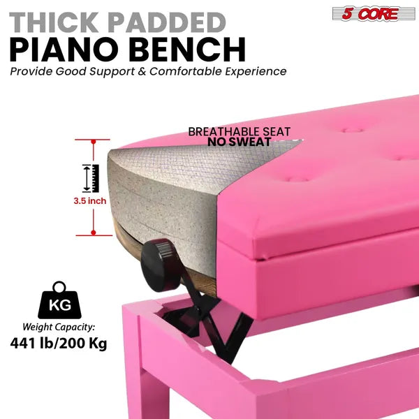 5 Core Duet Piano Bench 3.5 Inch Padded Cushioned Stool Wooden Heavy Duty Musician Chair Height Adjustable Double Keyboard Seat W Storage Nonslip Pink - PNB DT PNK