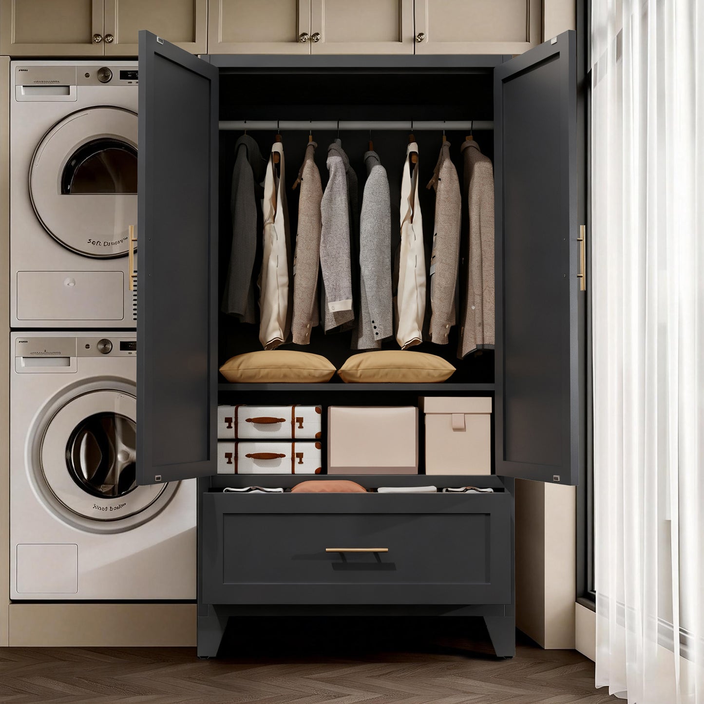 60inch Tall Metal Wardrobe Cabinet With 1 Drawer And Hanging Rod, 2 Doors Wardrobe Closet With Shelf For Bedroom, Office, Laundry Room,Entryway ,Foyer,Guesthouse Black