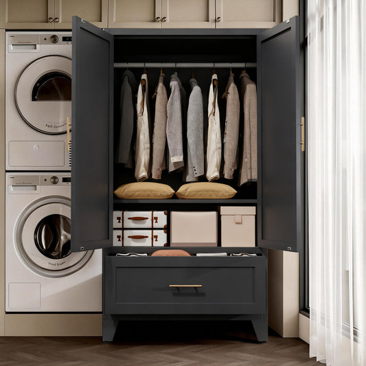 60inch Tall Metal Wardrobe Cabinet With 1 Drawer And Hanging Rod, 2 Doors Wardrobe Closet With Shelf For Bedroom, Office, Laundry Room,Entryway ,Foyer,Guesthouse Black