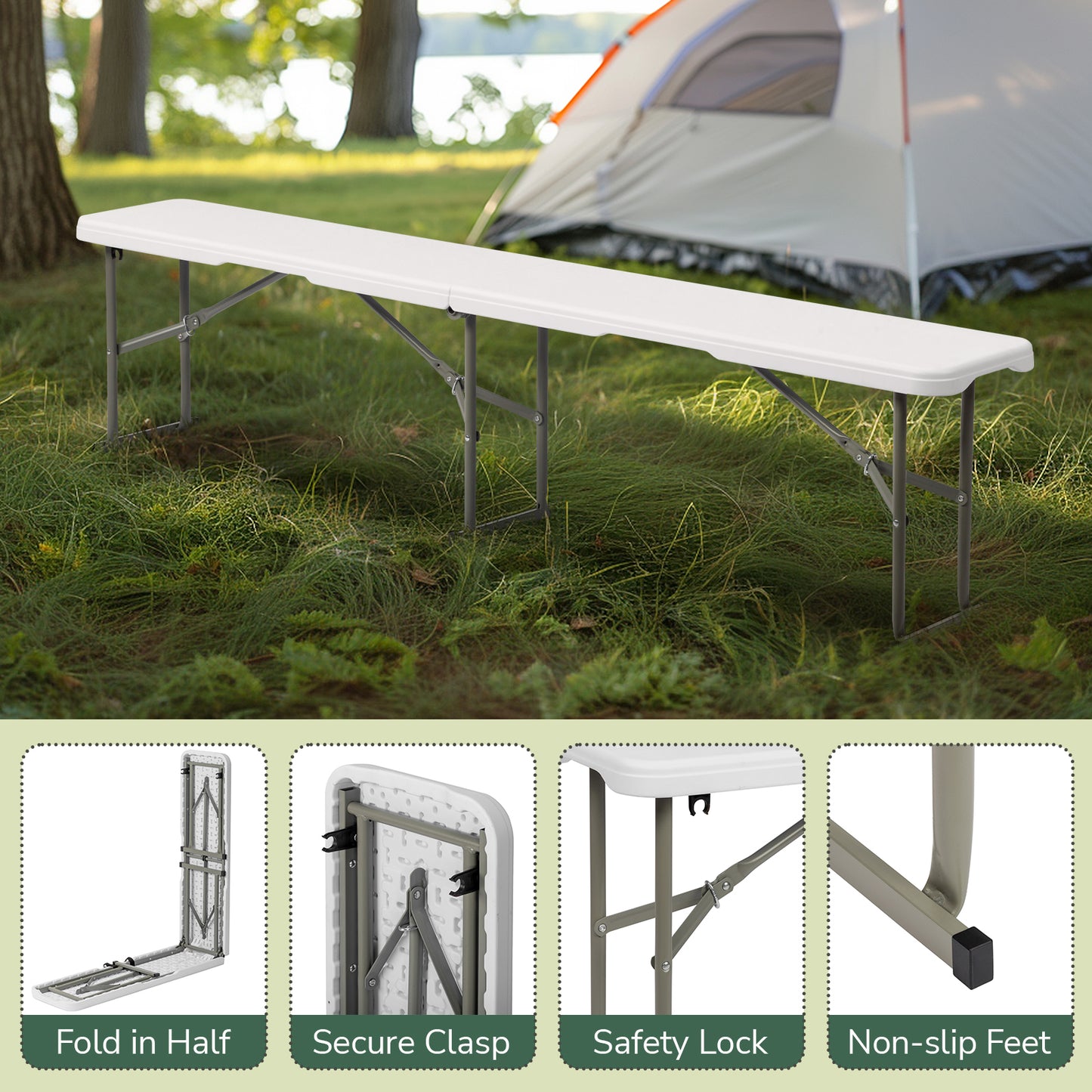 6 Foot Fold In Half,Portable Folding Bench, Powder Coated Steel Frame, Lightweight, Stain Resistant, Non Marring Foot Caps, Indoor Outdoor Portable Seating