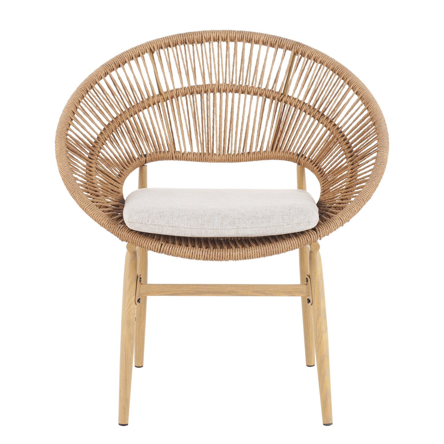 Cyril Outdoor Wicker Papasan Style Dining Chair  Teak Finished Leg And Light Brown Faux Rattan  Beige Cushion  Set Of 2