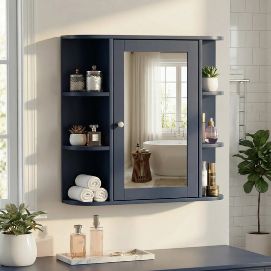 Bathroom Wall Storage Cabinet With Mirror, Medicine Cabinet With Adjustable Wood Shelf & Doors, Mounted Storage Cabinets With 6 Open Shelves, Blue