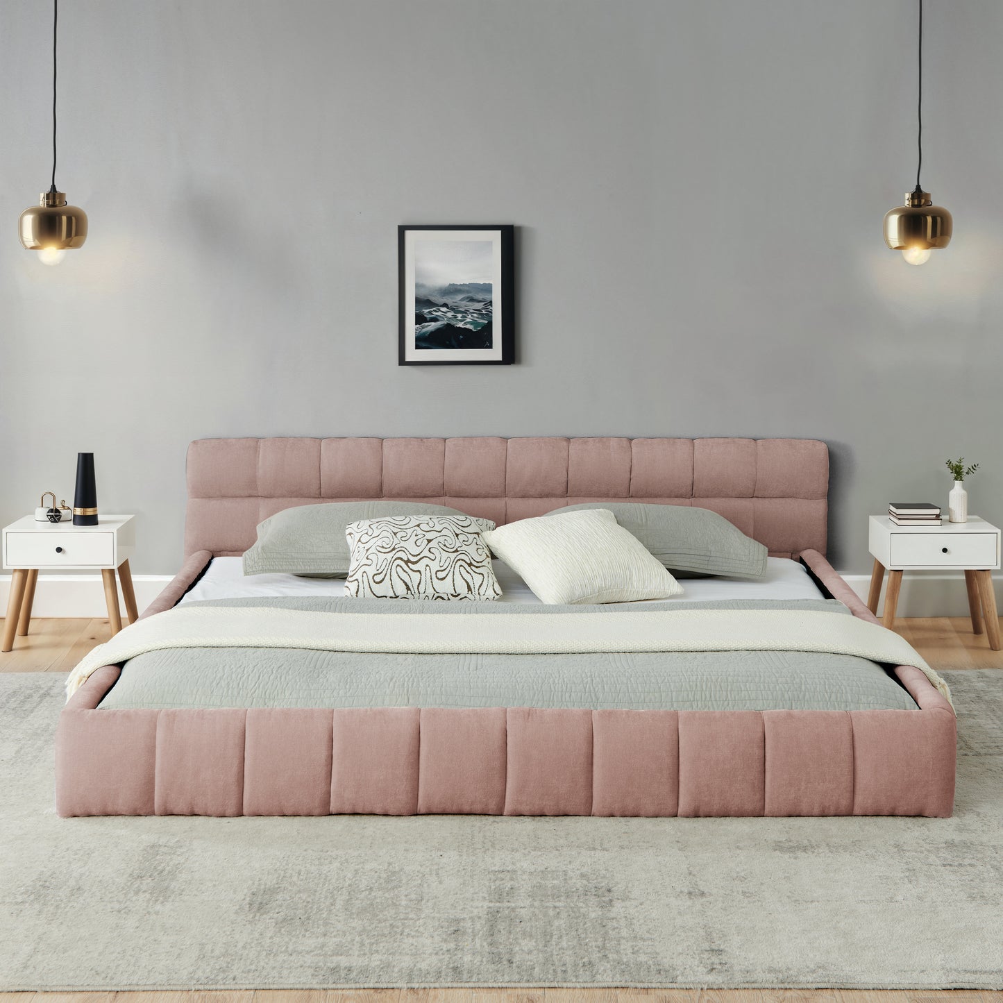 California King Size Upholstered Bed Frame With Thick Fabric, Chenille Fabric Grounded Queen Size Platform Bed With Headboard And Solid Frame. No Box Spring Needed-Pink90.5 X80.5x 31