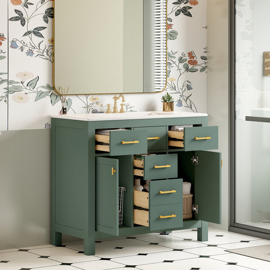 36'' Bathroom Vanity With Ceramic Sink Combo Set, Modern Freestanding Single Bathroom Cabinet With 4 Drawers & 2 Cabinets,Storage Cabinet For Bathroom, Solid Wood Frame Vanity Set, Green