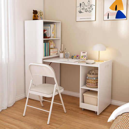 Stretchable Desk  Office Desk With Storage Shelves And Mobile Wheels  Foldable Desk Suitable For Small Apartments And Offices  White