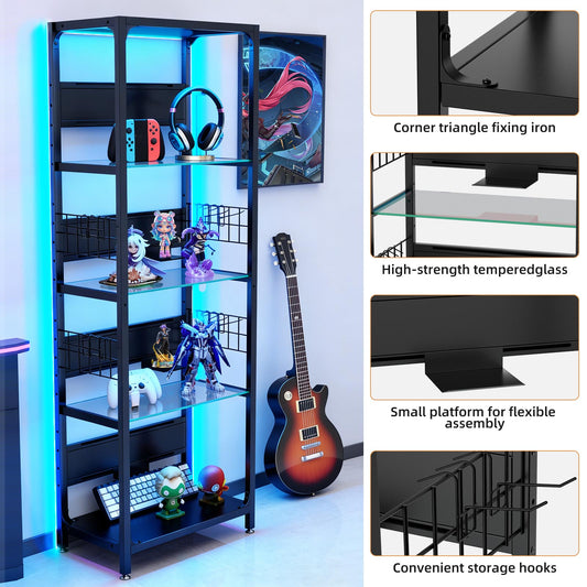 4-Tier Glass Display Shelf With RGB Lights, LED Lighted Curio Cabinet With Adjustable Storage Box & Hooks, Metal Frame Standing Shelf For Collectibles, Plants, Books, Living Room, Bedroom, Office