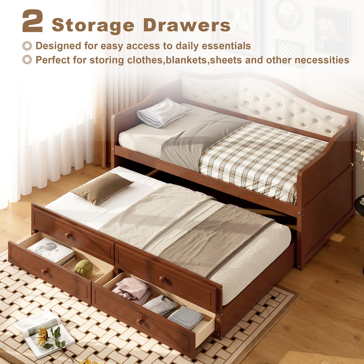 Twin Daybed With Trundle, Twin Size Daybed With 2 Storage Drawers, Wooden Sofa Bed With Upholstered Button Tufted Backrest For Living Room, Bedroom, Guest Room,Walnut