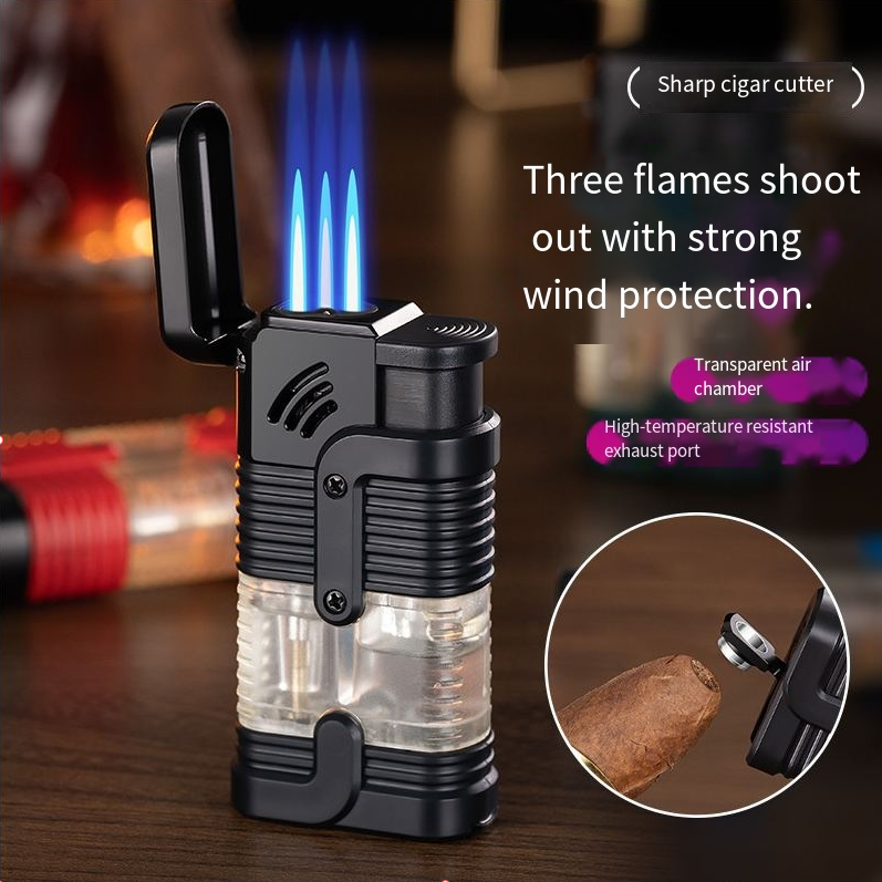 Three Direct-to-cigarette Lighter - Black  Three Nozzle Flames  Butane Torch Igniter  Rechargeable Butane Gas Igniter  Windproof Adjustable  3 Burning Flames  Suitable For Cooking, Camping, Cigar Ligh
