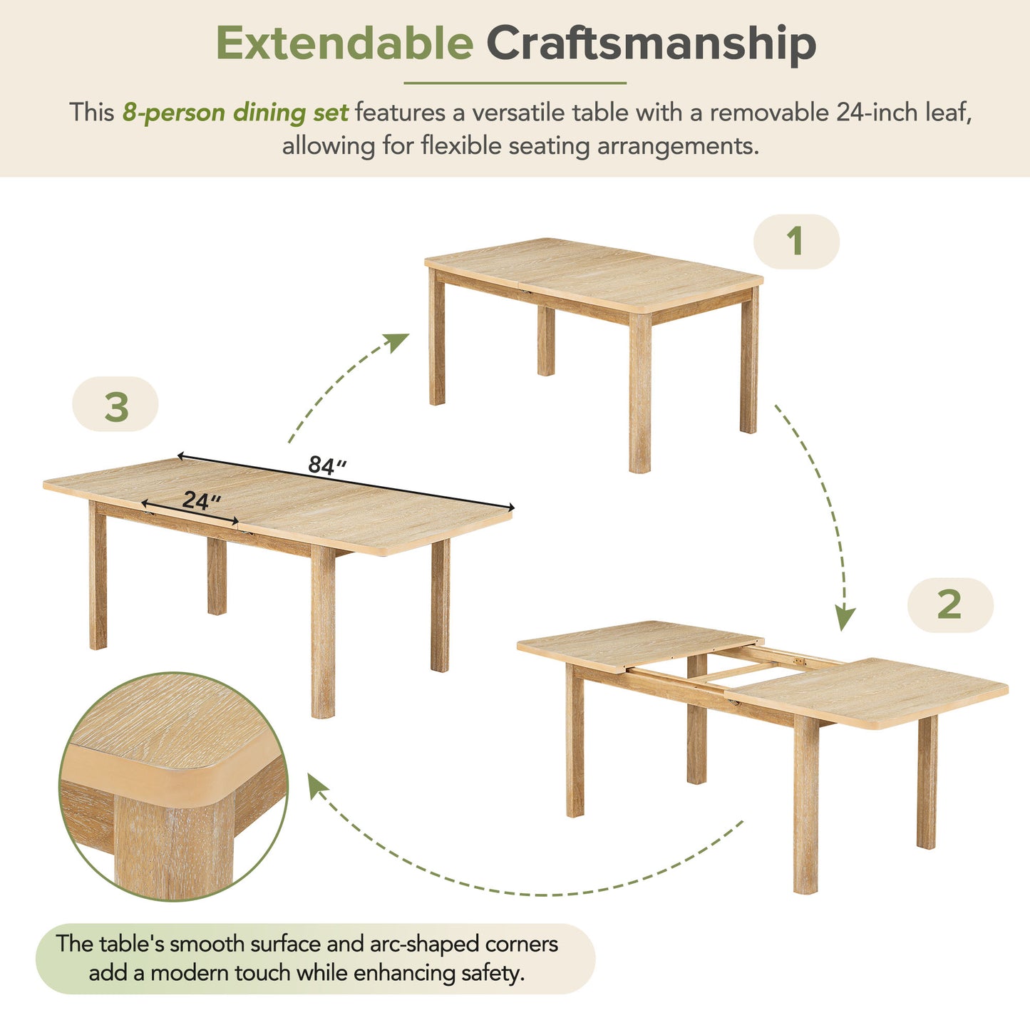 TOPMAX Rustic Extendable 84inch Dining Table Set With 24inch Removable Leaf , 6 Upholstered Armless Dining Chairs And 2 Padded Arm Chairs, 9 Pieces, Natural