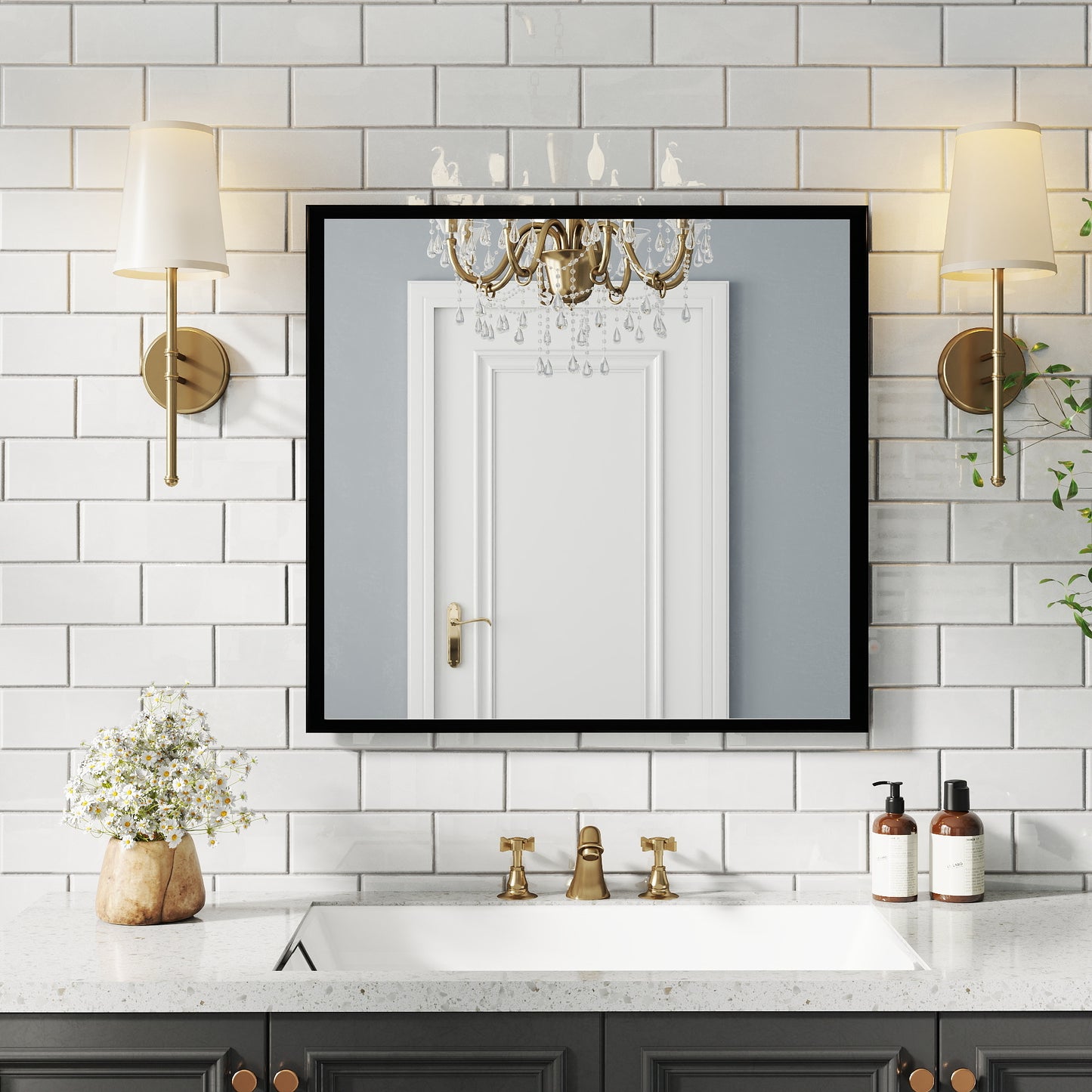 32-inch Square Black Aluminum Mirror Frame Can Be Used In The Bathroom And Hallway, Which Is Convenient For Wall Hanging.