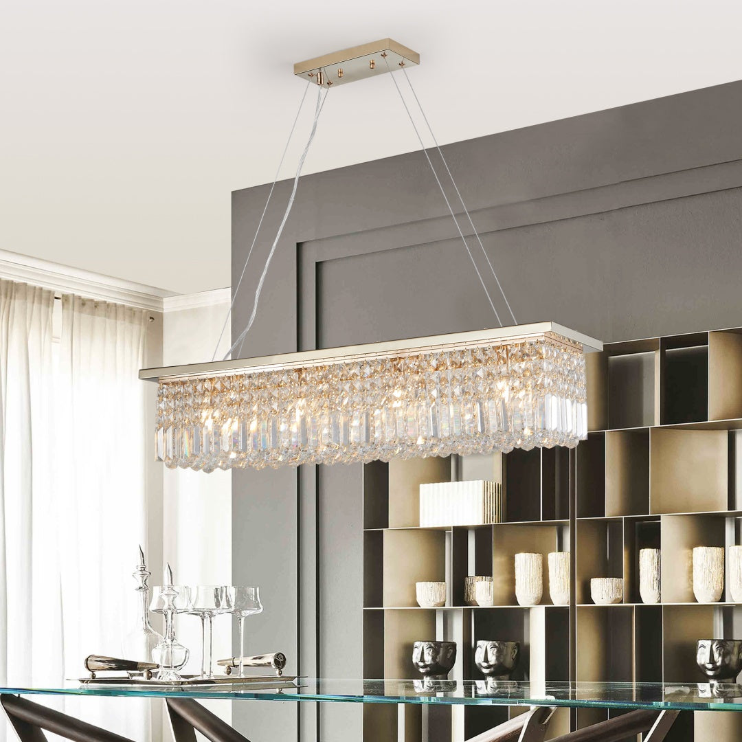 Modern Crystal Chandelier For Dining Room 8-Light Gold Rectangle Raindrop Chandelier Contemporary Rectangular Pendant Light Fixture For Kitchen Island Bar L39.4  X W9.8   X H8.7  Bulb Not Included