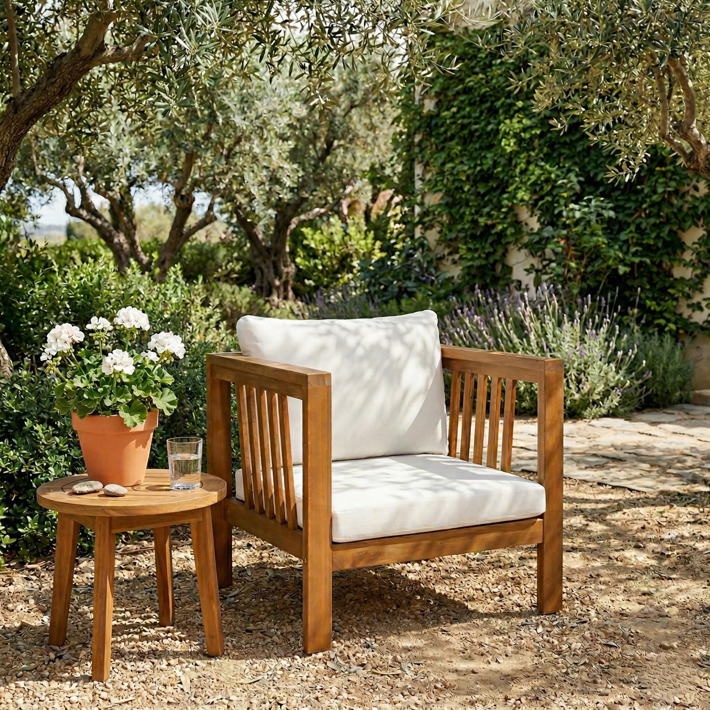 Outdoor Acacia Wood Club Chair With Modern Square Arms, Patio Chair With Thick Cushion, Adjustable Leveling Feet For Poolside, Deck, Beige Cushion