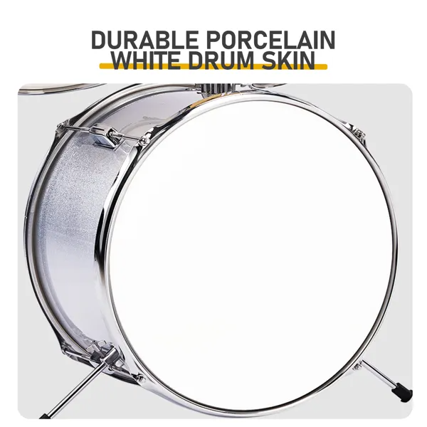 5-Pieces Junior Kids Drum Set Kit Pedal Drum Stick Wrench Drum Stool Silver