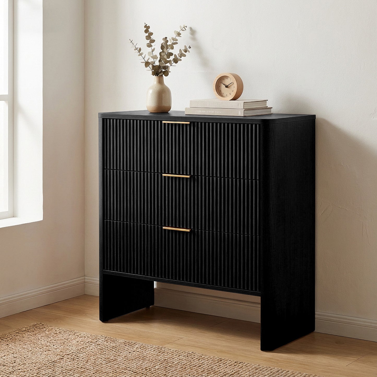 30in Wooden Cabinet With 3 Drawers Wavy Pattern Modern Bedside Cupboard Dressing Table For Bedroom Living Room Hallway Black