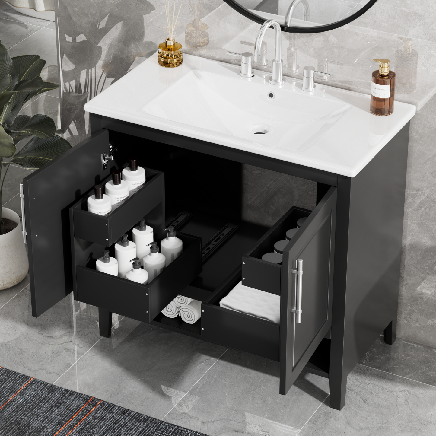 36  Bathroom Vanity With Sink, Multi-functional Bathroom Cabinet With Doors And Drawers, MDF Frame And MDF Board, Black