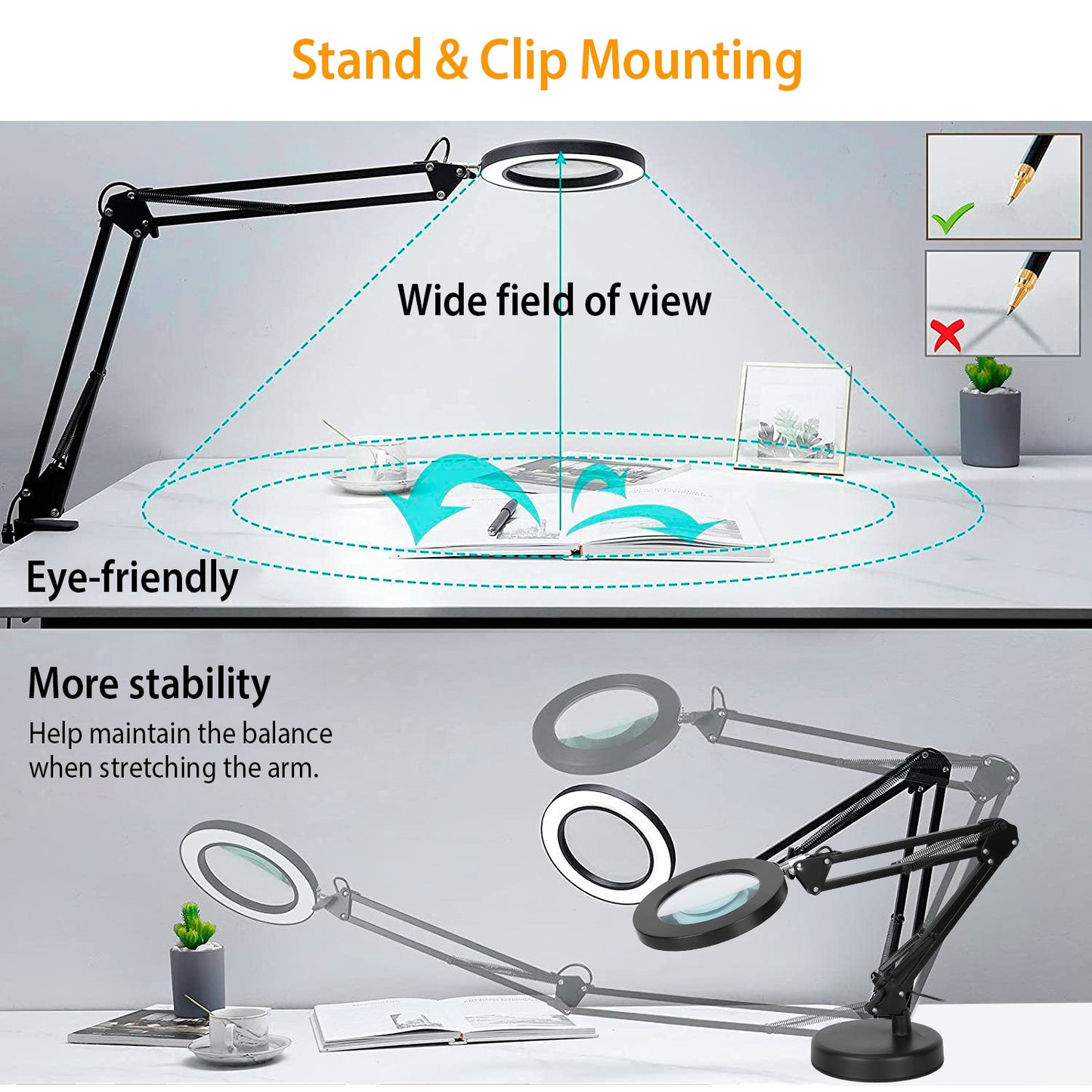 1Pack 2 In 1 LED Magnifier Desk Lamp 8x Magnifying Glass With Light Swing Arm Desk Table Light USB Reading Lamp With Clamp Stand 10 Brightness 3 Modes