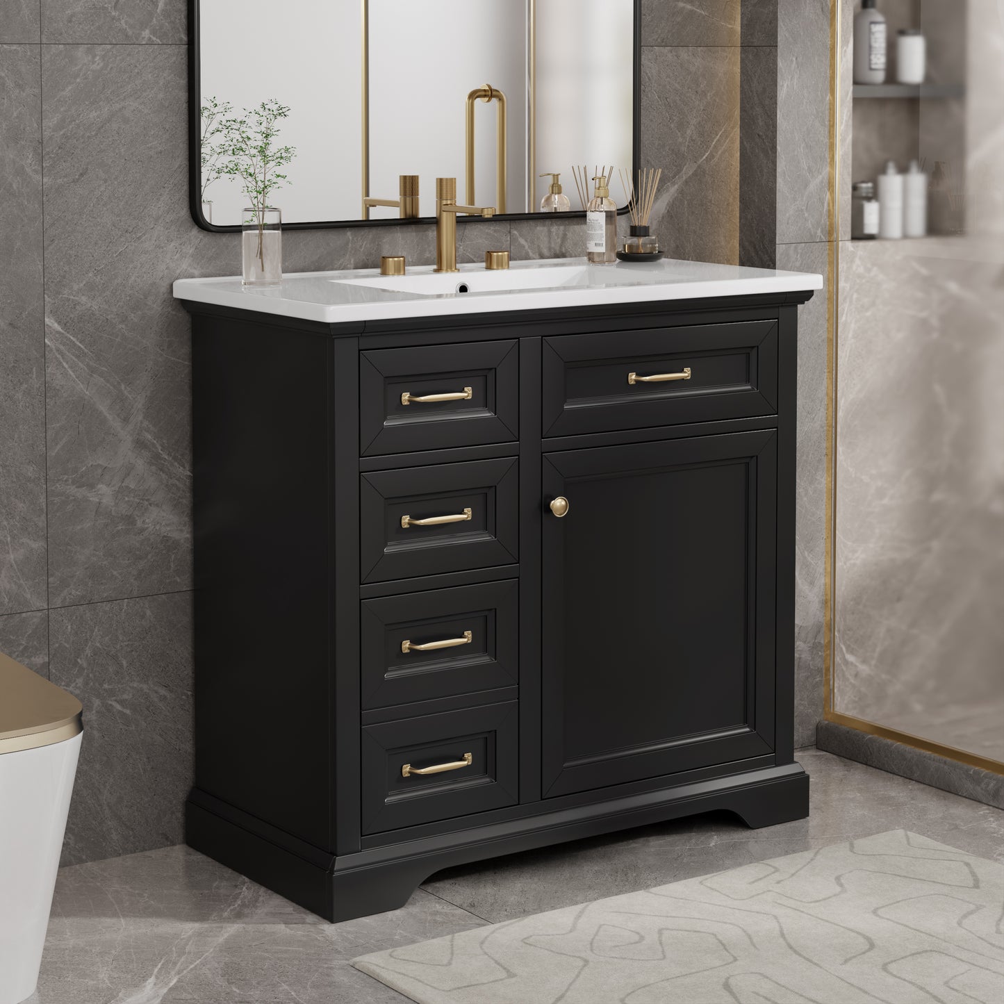 36-Inch Bathroom Vanity With Ceramic Sink Top, 4 Drawers And 1 Soft-Close Door, Freestanding Storage Cabinet With Metal Handles, Pre-Drilled For 8-Inch Faucet, Black Finish