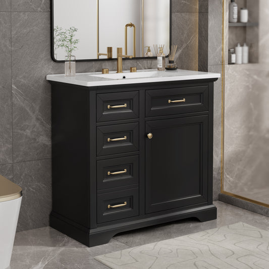 36-Inch Bathroom Vanity With Ceramic Sink Top, 4 Drawers And 1 Soft-Close Door, Freestanding Storage Cabinet With Metal Handles, Pre-Drilled For 8-Inch Faucet, Black Finish