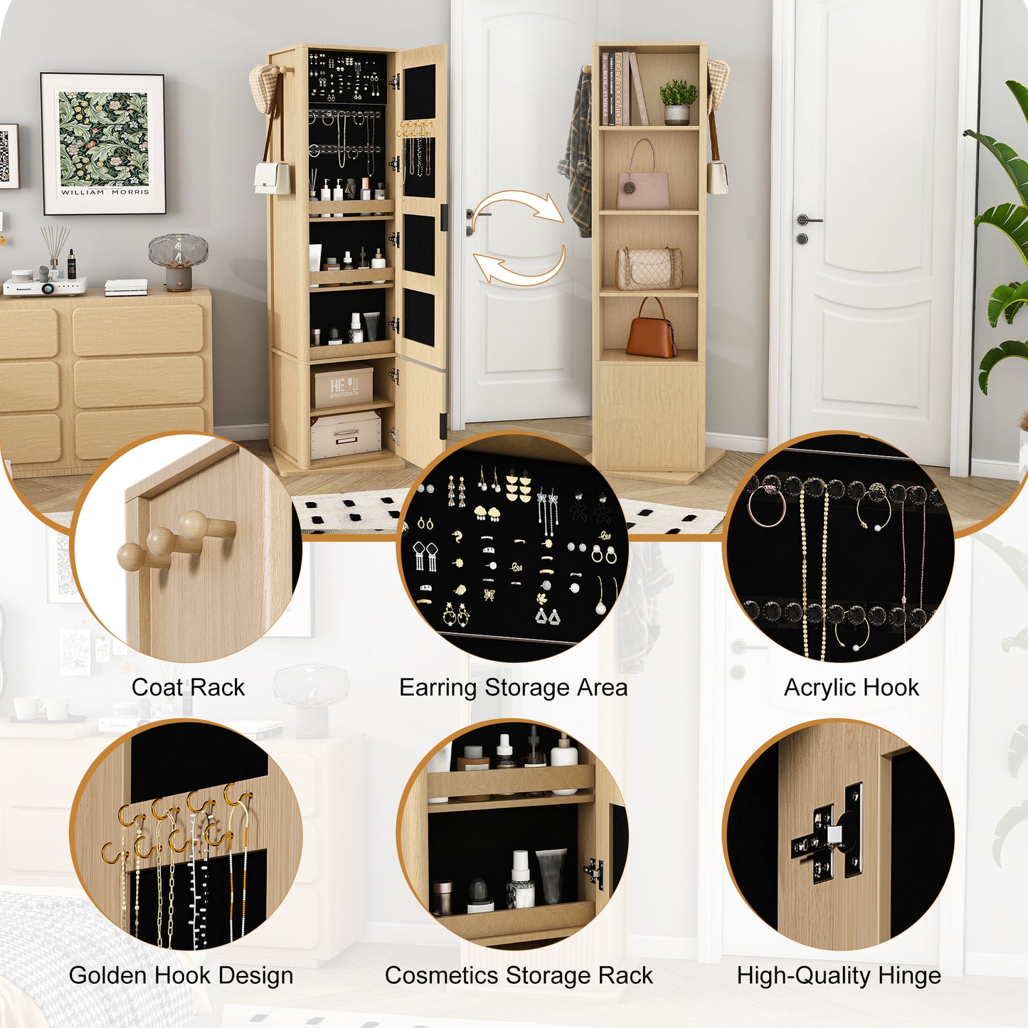 360 Rotating Makeup Cabinet, Jewelry Cabinet With A Full-length Mirror, Standing Storage Cabinet With A Coat Rack, 4 Layers Of Open Shelves And 2 Layers Of Built-in Shelves, Walnut