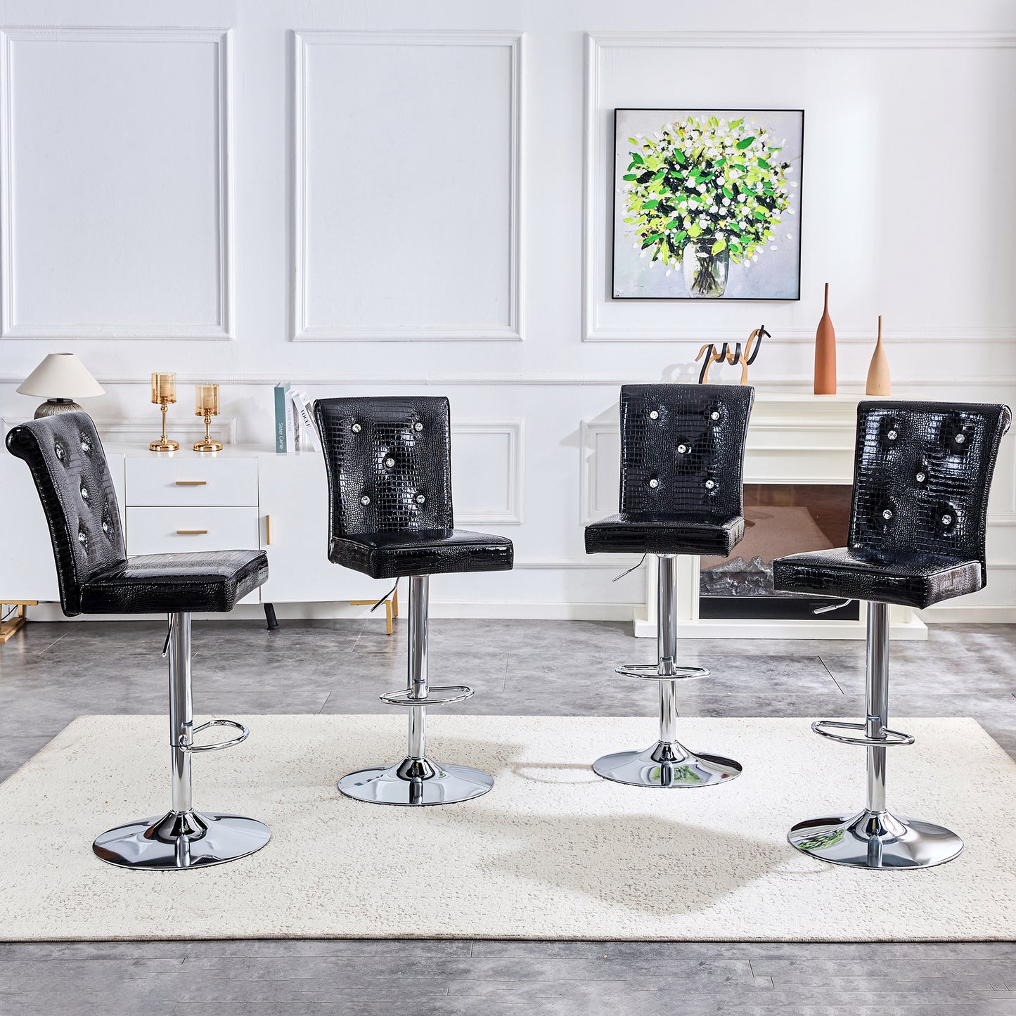 A Set Of 2 Black Vintage Crocodile Leather Lift Bar Chairs, Featuring Crystal Clasp Design And Synthetic Leather Design, Adding A Touch Of Elegance And Mystery To The Dining Area