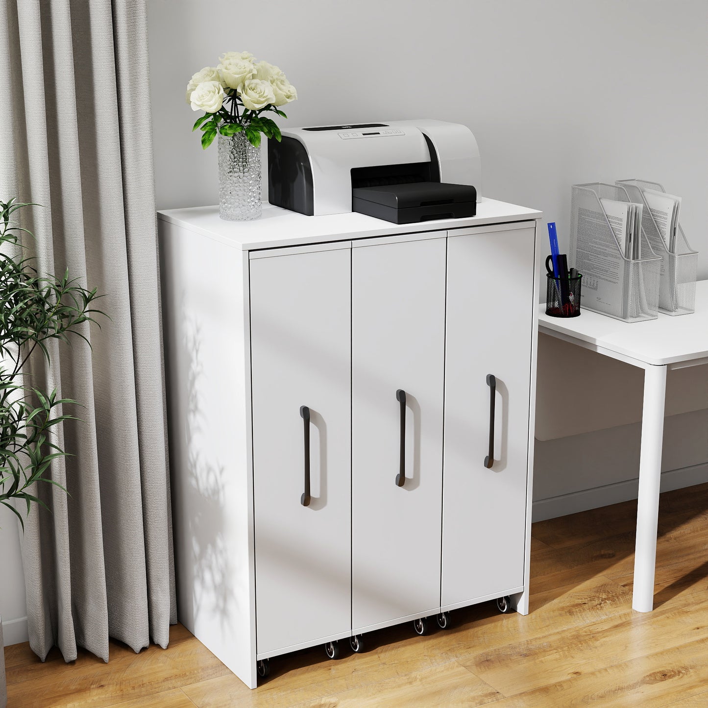 Bookcase With Three Pulled Out Doors Shelving Cabinet,3 Tier Floor Standing Bookcase,Slide Out Storage Bookcase File Cabinet,Office Bedroom Living Room Hidden Storage Cabinet With Wheels