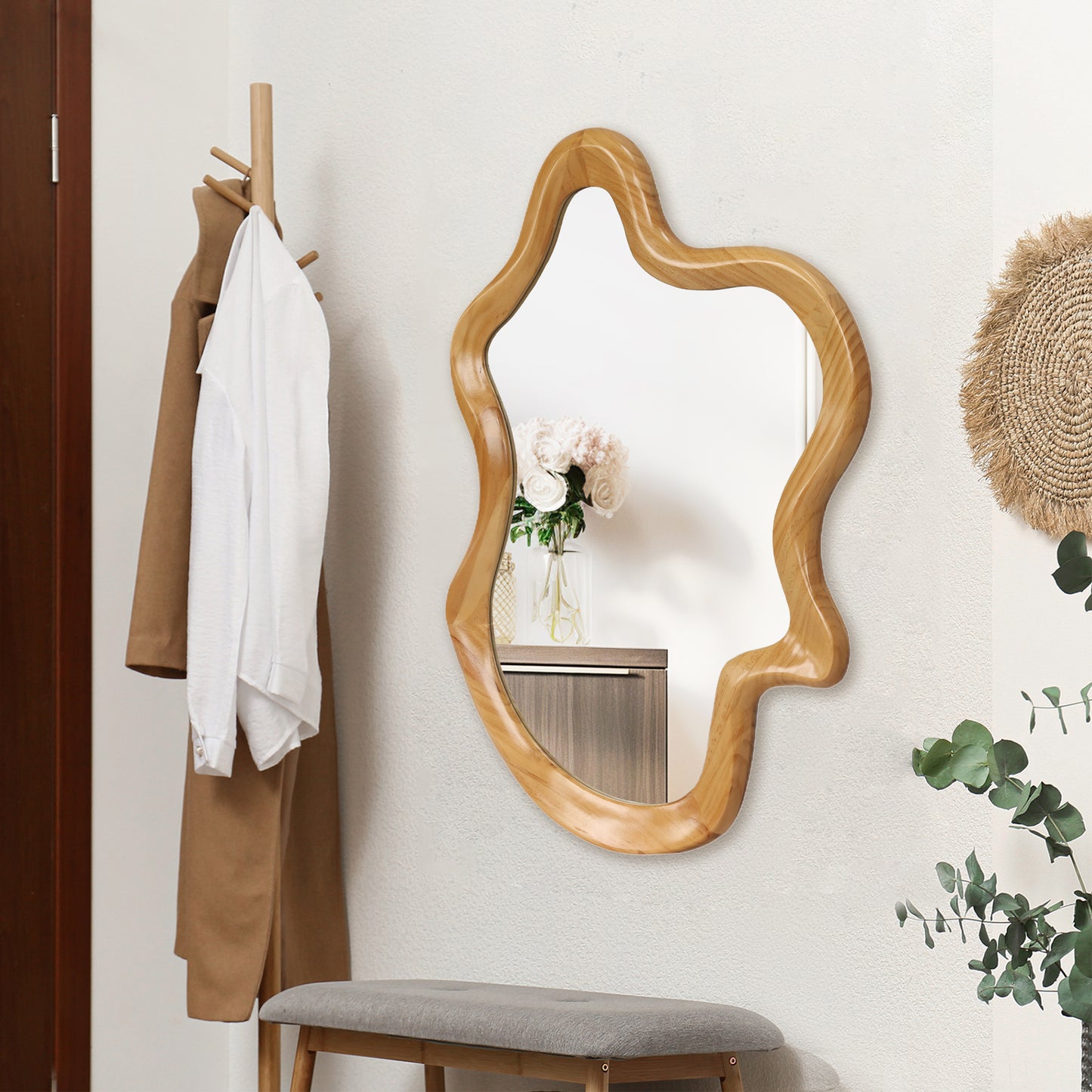 33.46  X 22.24  Irregular Shaped Wall Mirror With Natural Wood Frame
