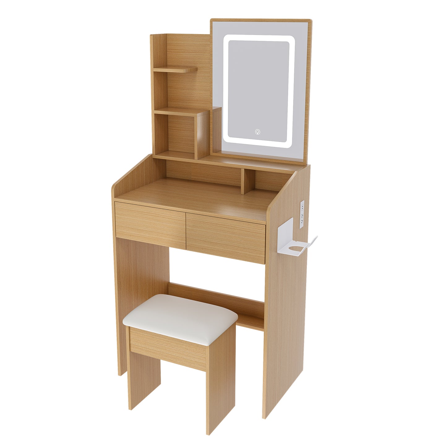 Vanity Table With LED-Illuminated Mirror, Power Outlet, Hairdryer Holder & Stool -Compact Dressing Desk For Small Bedrooms Wood