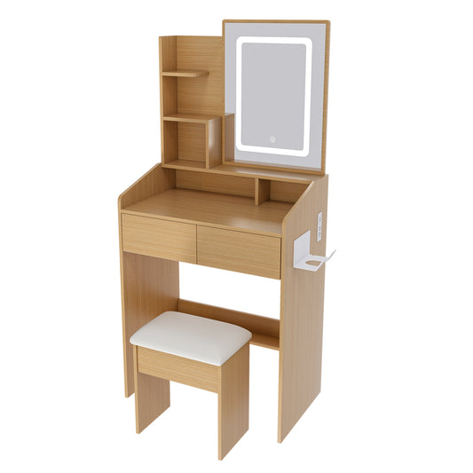 Vanity Table With LED-Illuminated Mirror, Power Outlet, Hairdryer Holder & Stool -Compact Dressing Desk For Small Bedrooms Wood