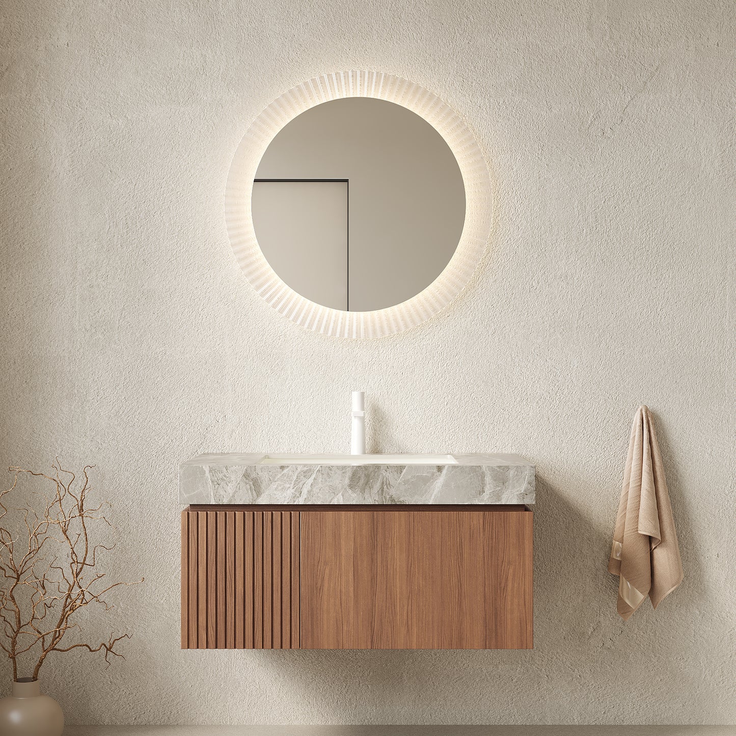 MURI 36  Bathroom Vanity&Sink, Floating Plywood Storage Cabinet With Drawer&Door, Light Gray Sintered Stone Top&Ceramic Basin With 1 Pre-drilled Faucet Hole, Pre-assembled, Brown Oak Woodgrain Color