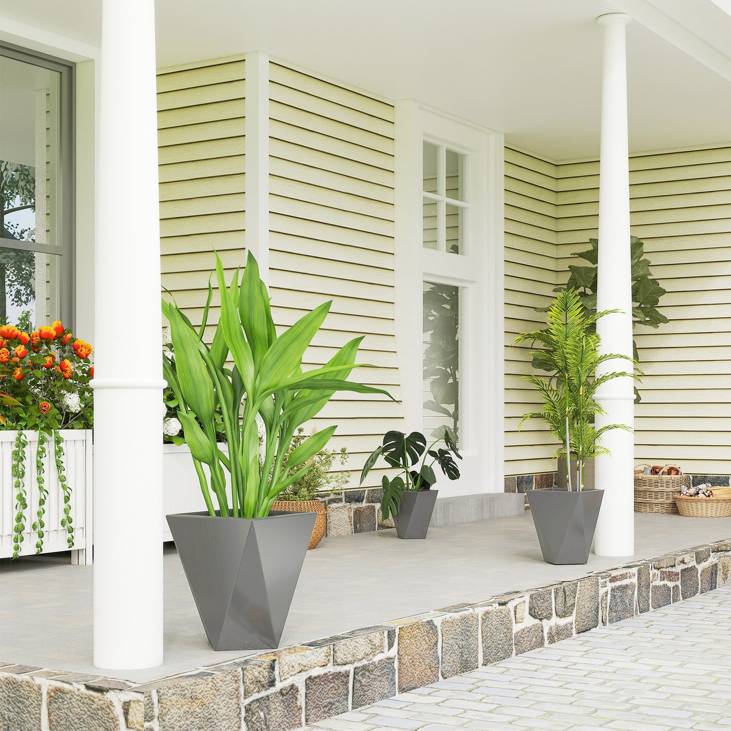 Indoor Outdoor Planters Set Of 3 MgO Tall Planters Stackable Flower Pots With Drainage Holes For Garden, Balcony, Gray