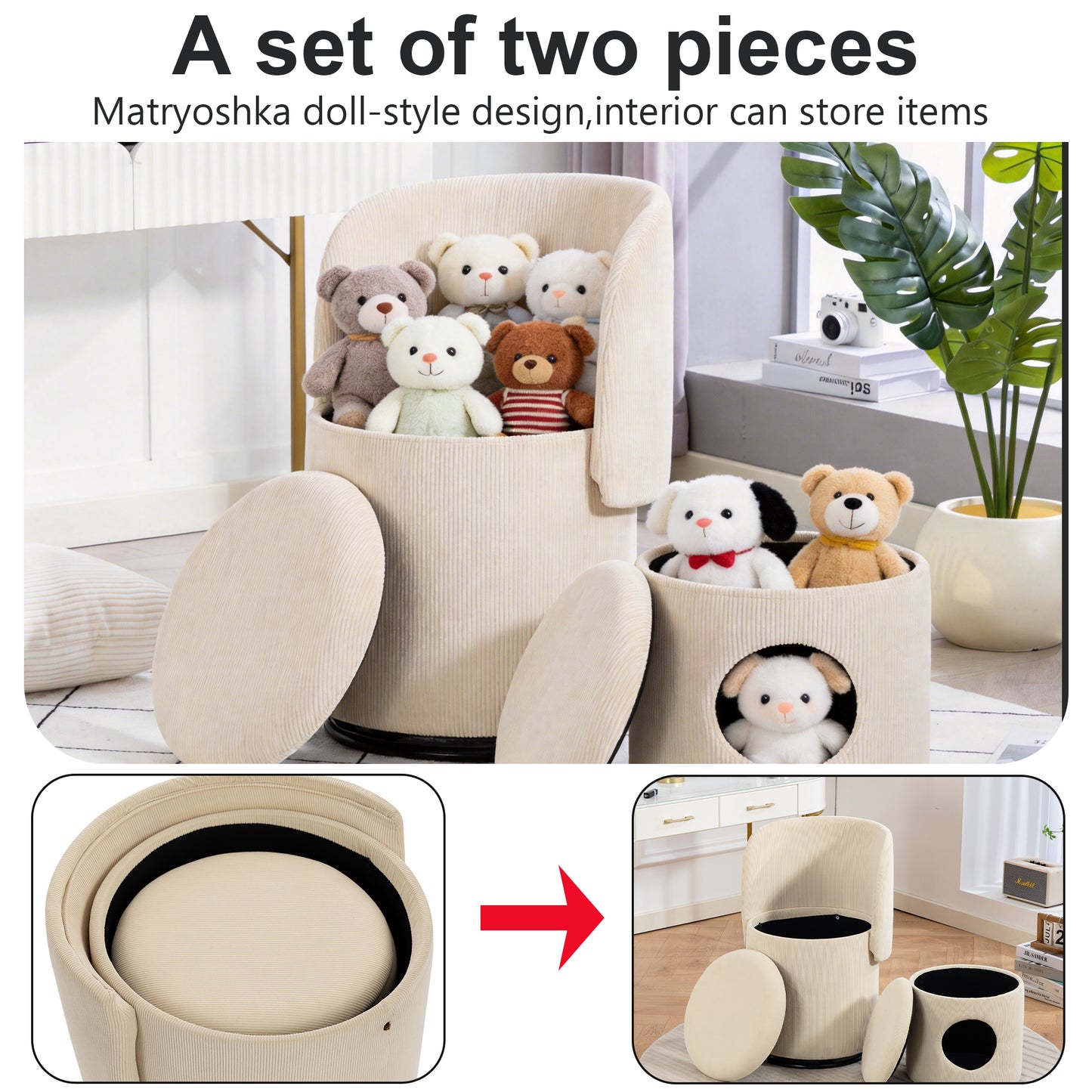 Stylish Upholstered Barrel Chair 360 Swivel Vanity Stool For Bedroom & Dining Chair, Built-in Storage, Soft Padded Accent Seat, Multi-Functional For Dressing Dining, Free Cat Bed Stool Included