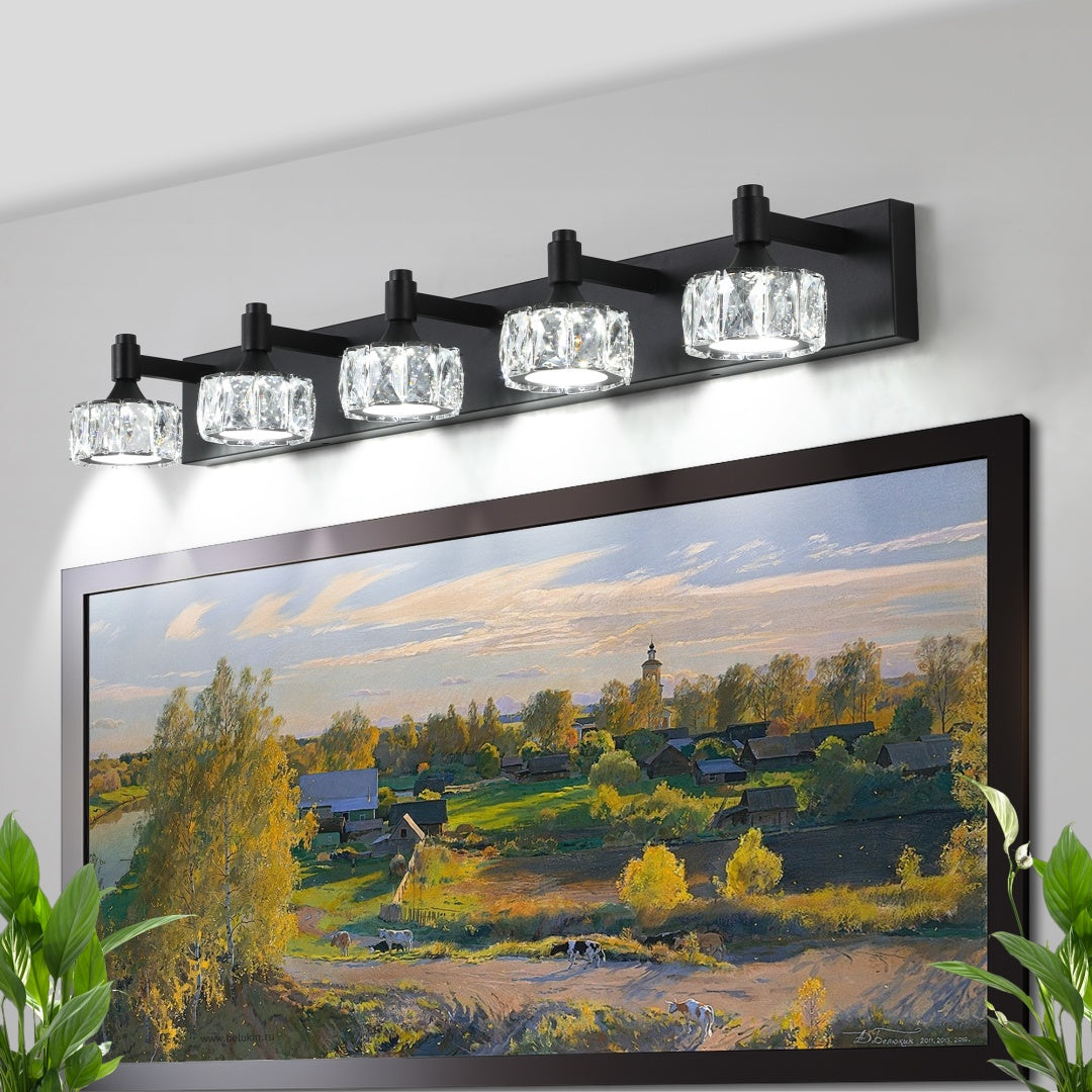 Modern 5-Light Matte Black LED Vanity Light Fixture With Crystal Glass Shades, Bathroom Wall Sconce For Elegant And Contemporary Home Decor