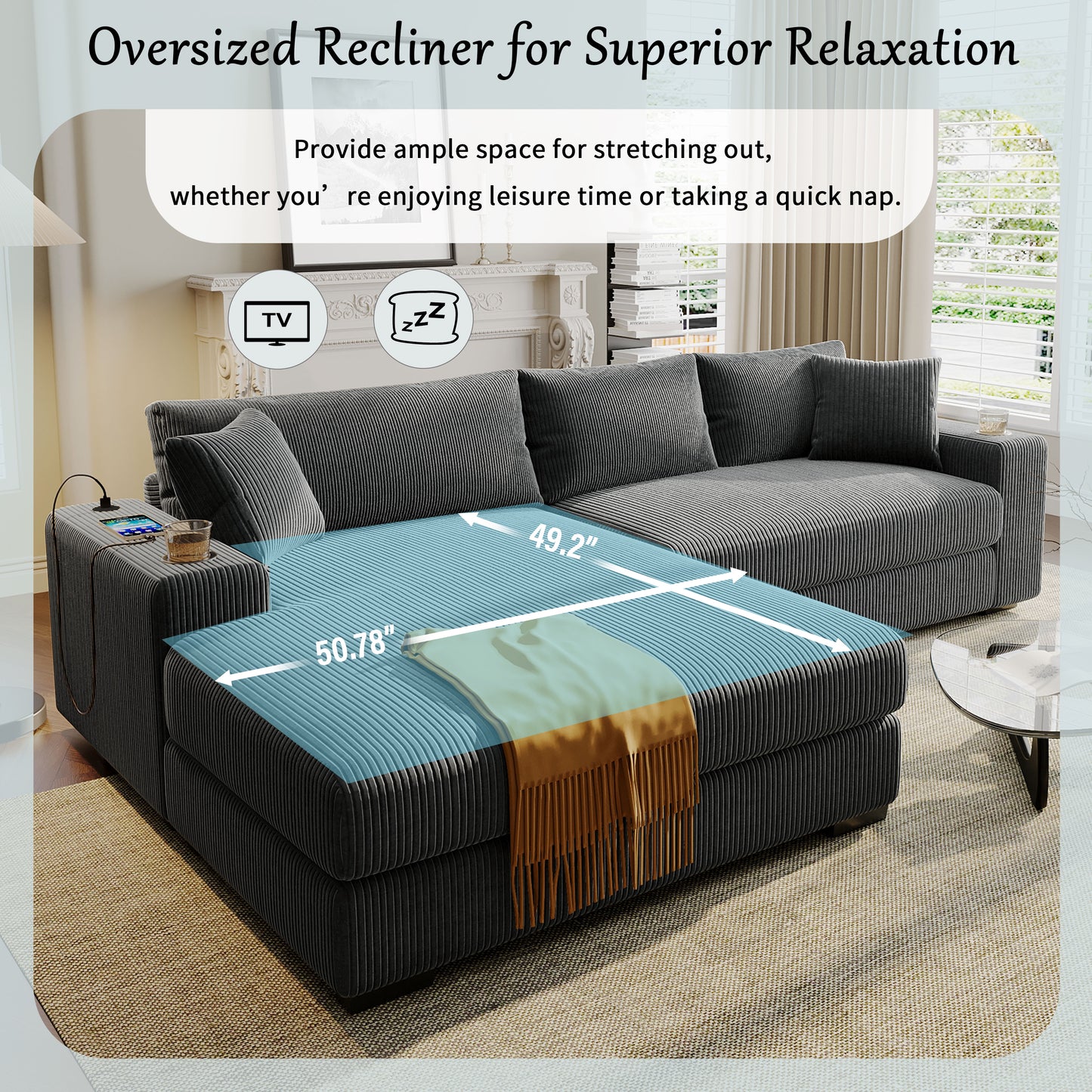 Mirod Large Sectional Sofa With Thick Cushions, And Built-in Cup Holders & Charging Ports