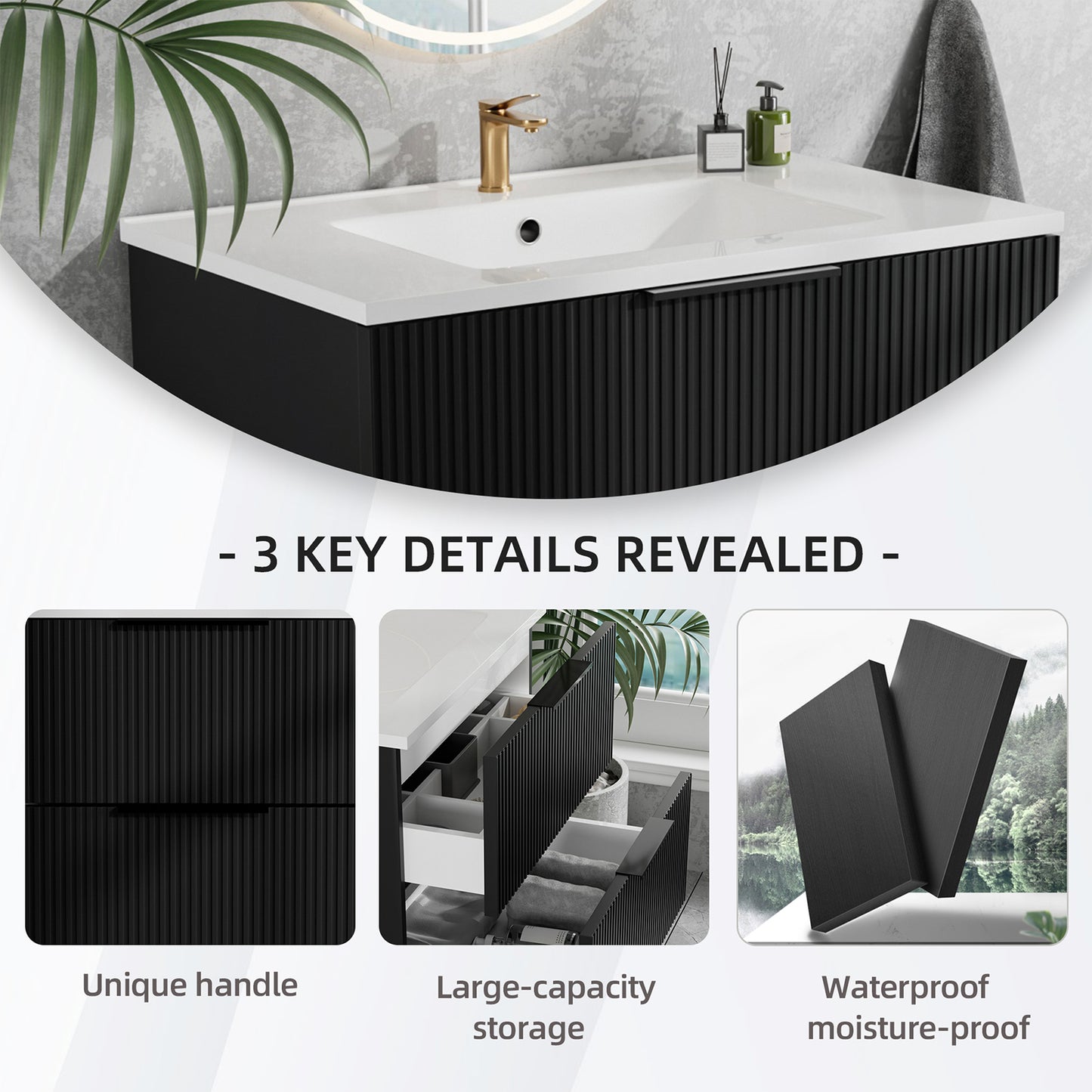 30 Inch Bathroom Vanity Cabinet With Ceramic Sink - Black Wall Mounted Floating Fluted Vanity With Drawers  Modern