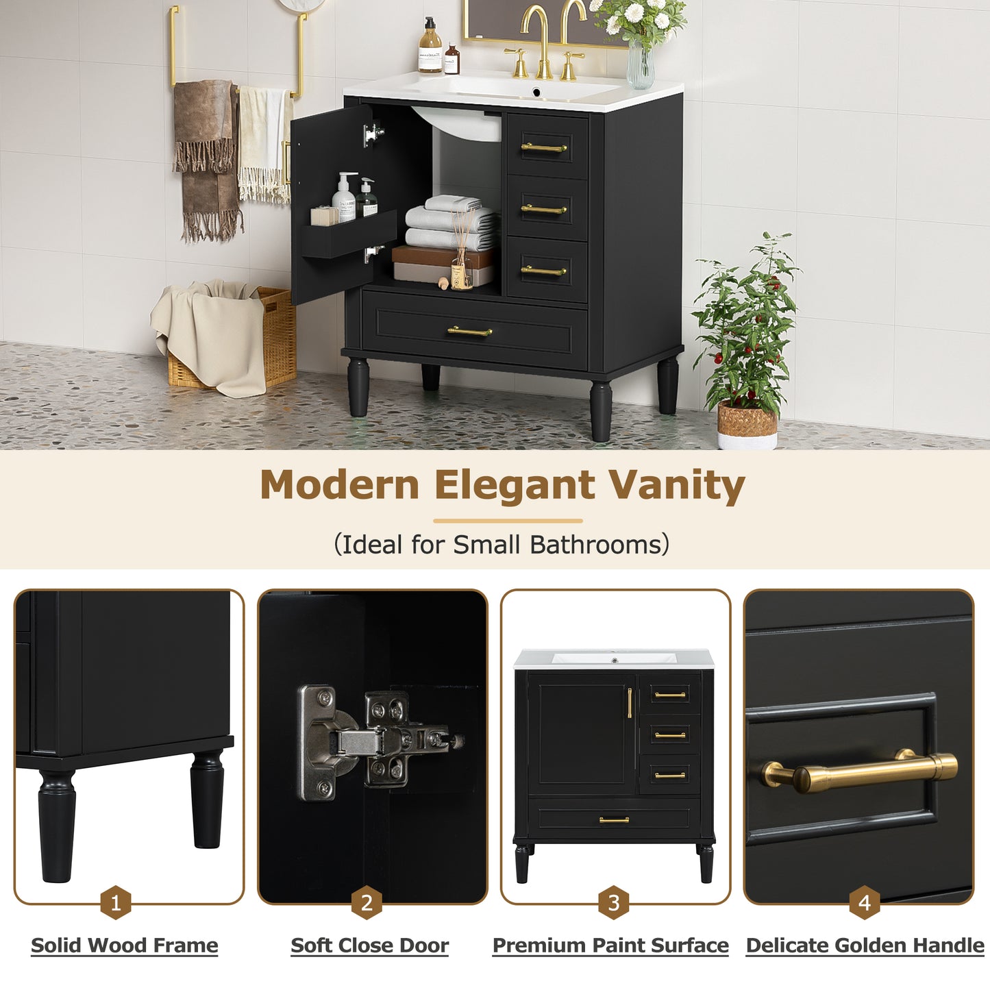 Traditional 30  Black Bathroom Vanity Set, Floor Standing, With Three Drawers, Soft Close Doors, With Long Gold Metal Handles - Perfect For Small Bathrooms