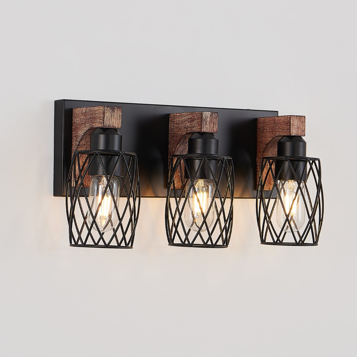 18 Industrial Vintage 3-Light Wall Sconce - Black Cage Wall Lighting Fixture With Wooden Accents For Bathroom, Hallway, Or Living Room  Bulb Not Included