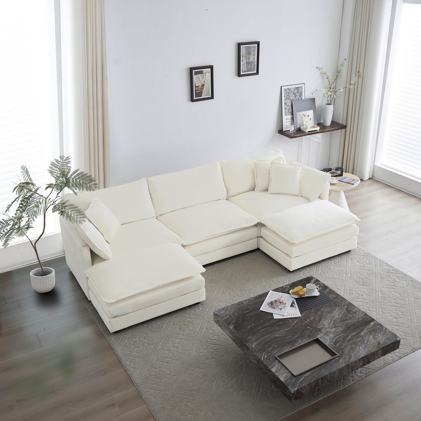 U-Shaped Sectional Sofa W Reversible Footrest, 5-Seater Convertible Corner Couch With 2 Ottomans ,Modern Minimalist Soft Sofa & Couch For Living Room , White