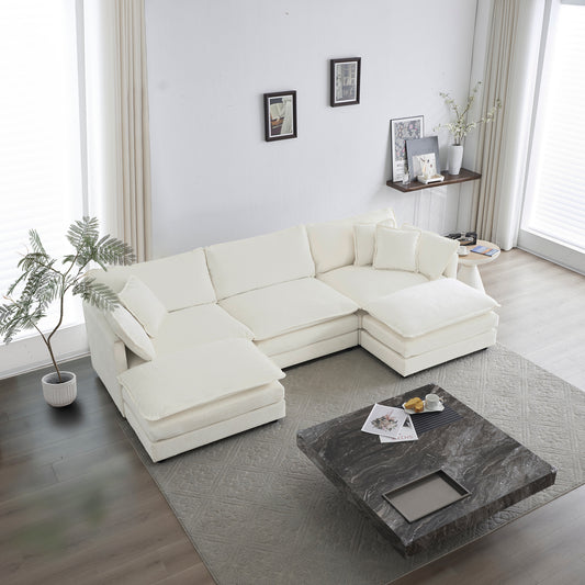 U-Shaped Sectional Sofa W Reversible Footrest, 5-Seater Convertible Corner Couch With 2 Ottomans ,Modern Minimalist Soft Sofa & Couch For Living Room , White