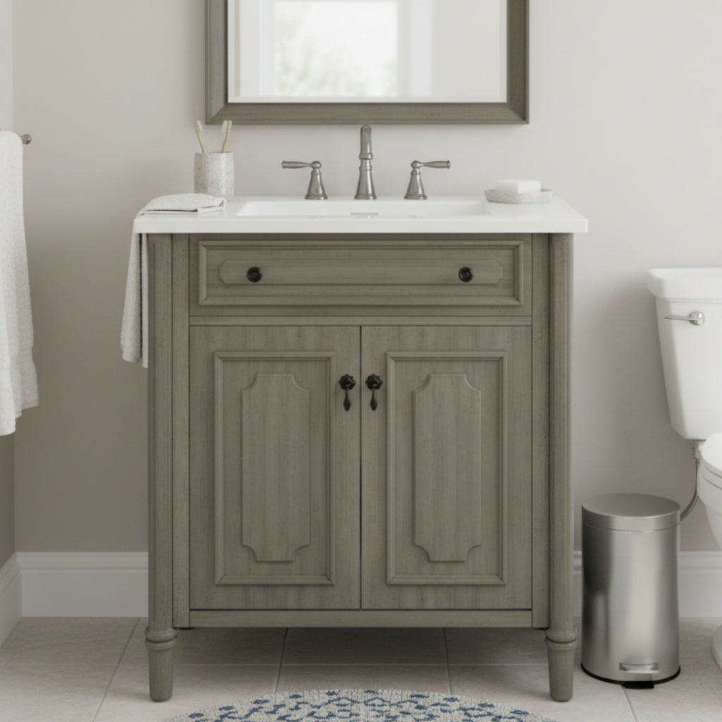 30 Inches Vintage Bathroom Vanity With Sink, Rustic Bathroom Cabinet With Soft Close Doors And Adjustable Shelf, Curved Profile Design, Rubber Wood Legs, Gray