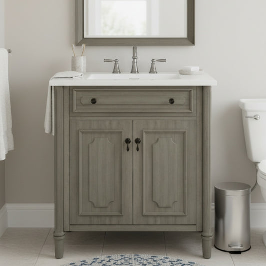 30 Inches Vintage Bathroom Vanity With Sink, Rustic Bathroom Cabinet With Soft Close Doors And Adjustable Shelf, Curved Profile Design, Rubber Wood Legs, Gray