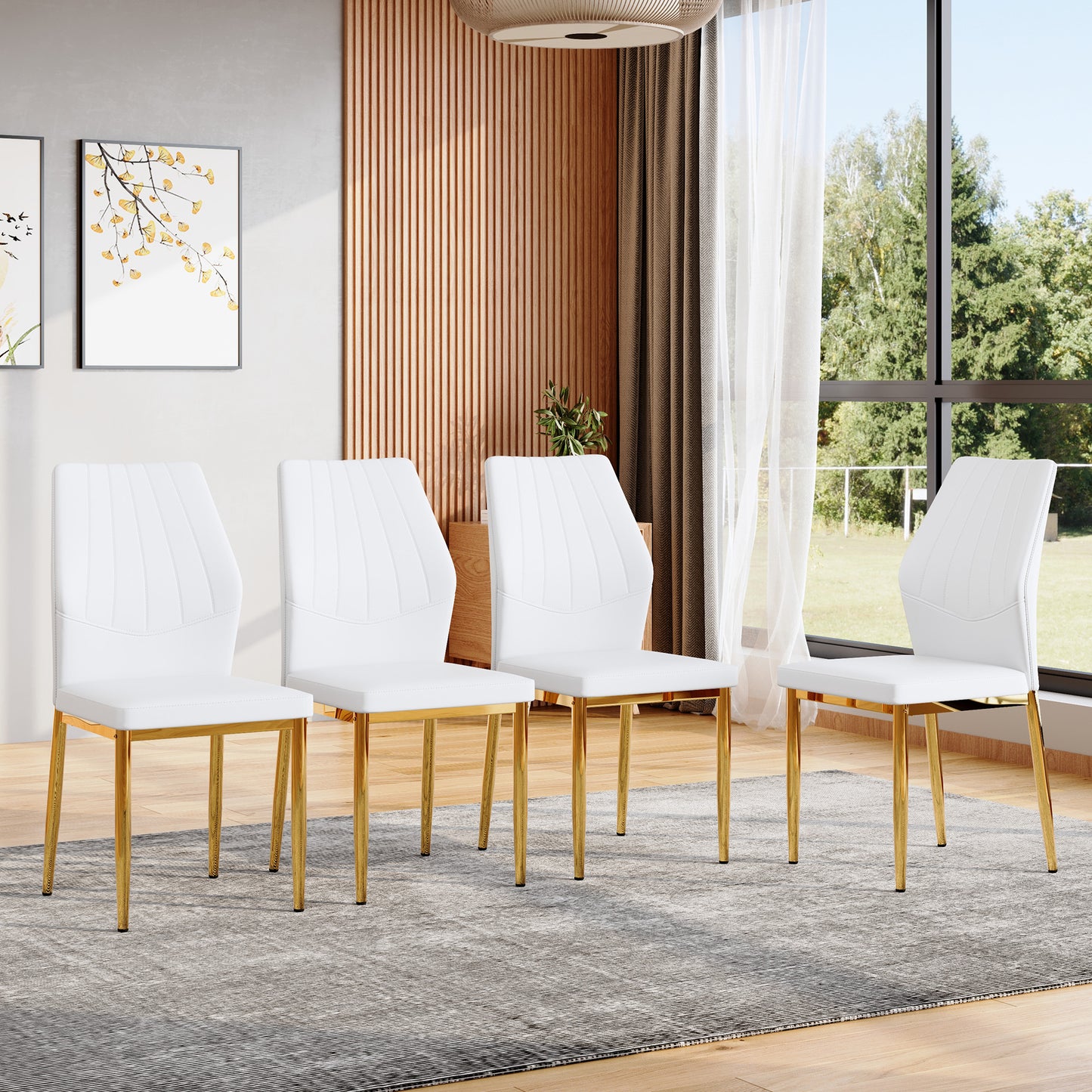 Set Of 4 Gold - And - White Dining Chairs, 37 Inches High ,Ergonomic PU Backrest, Combines Comfort And Style.Perfectly Blends Comfort And Elegance, Injecting More Comfort And Style Into Dining Time.