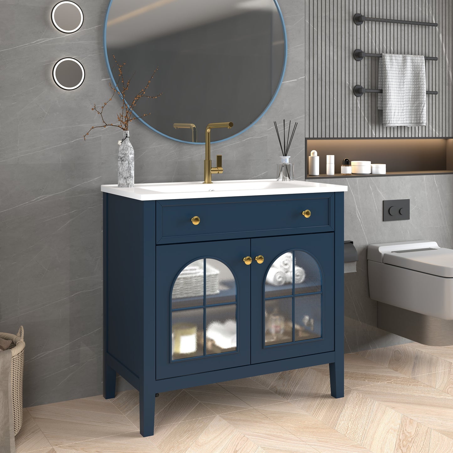 35.6  Mid-Century Bathroom Vanity Sink With Patterned Glass & Motion-sensor Light Strip, Farmhouse Freestanding Bathroom Vanity Sink With Storage, High-end Restroom Vanity Cabinet,Blue
